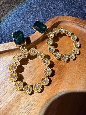Gold & Emerald Floral Hoop Drop Earrings